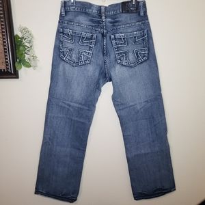 EUC 32x29 Men's Distressed Baileys Point Black Relaxed Bootcut Jeans Blue Denim